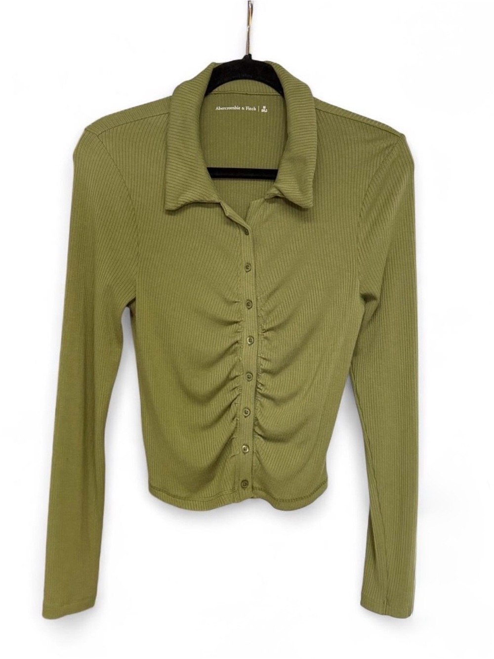 💚 Abercrombie & Fitch Olive Green Ruched Ribbed Top – Size Medium